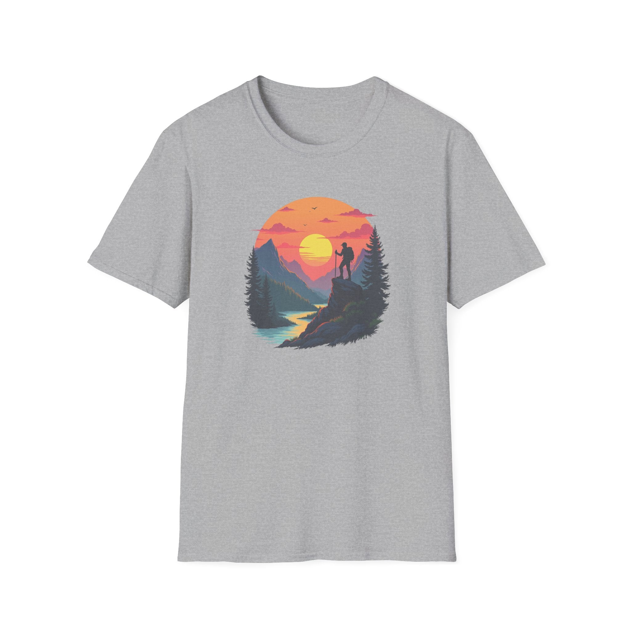 Sunset Mountain Hike T-Shirt | Hiker Silhouette, Scenic River