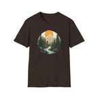 Mountain Sunset Hiker T-Shirt | Scenic Forest River Graphic