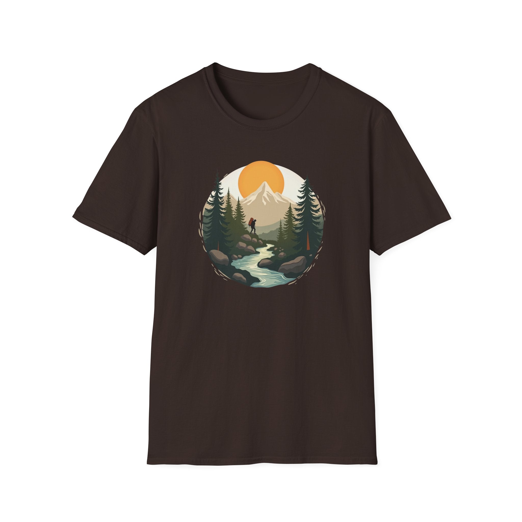 Mountain Sunset Hiker T-Shirt | Scenic Forest River Graphic