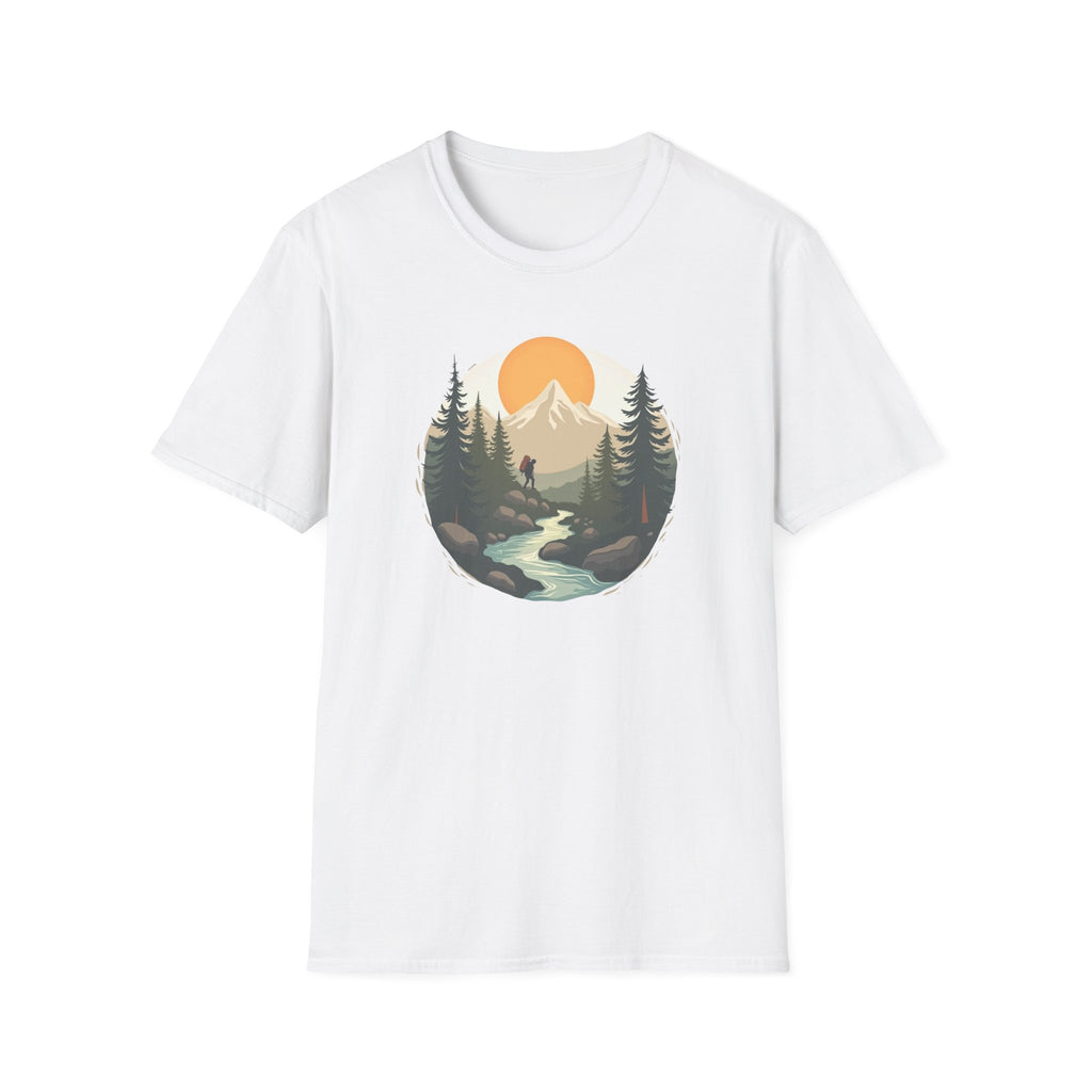 Mountain Sunset Hiker T-Shirt | Scenic Forest River Graphic