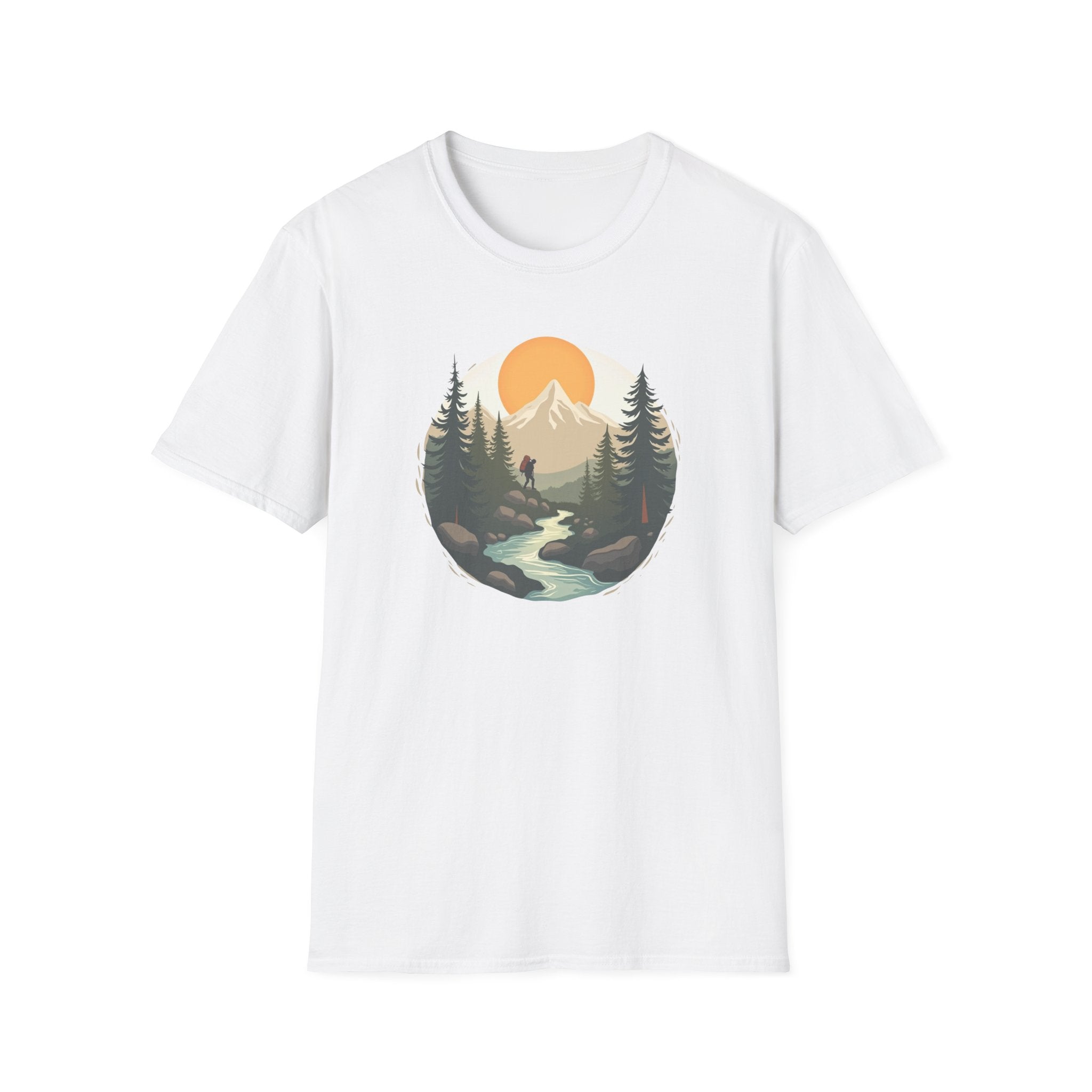 Mountain Sunset Hiker T-Shirt | Scenic Forest River Graphic