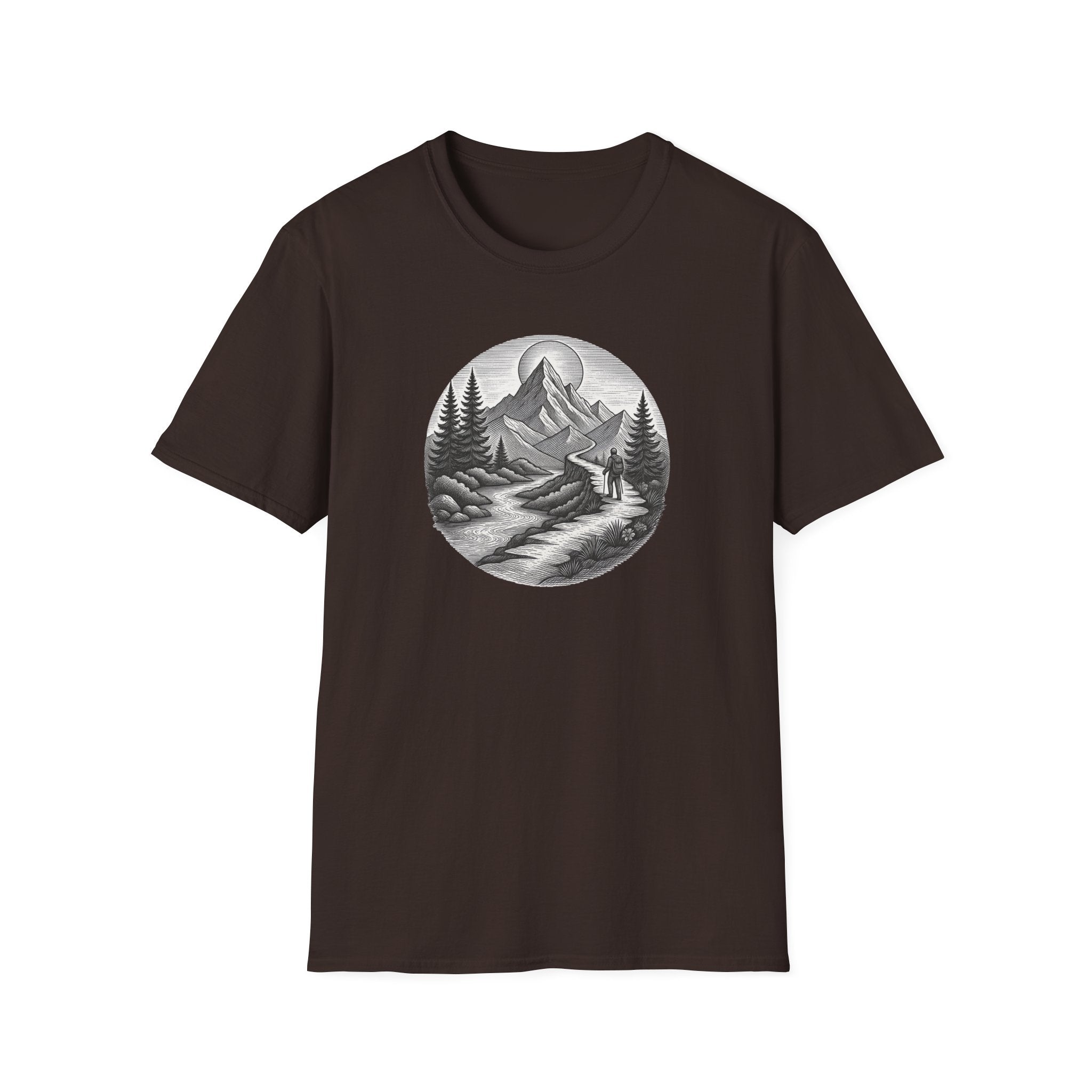Mountain Landscape T-Shirt | Hand-Drawn River Pines