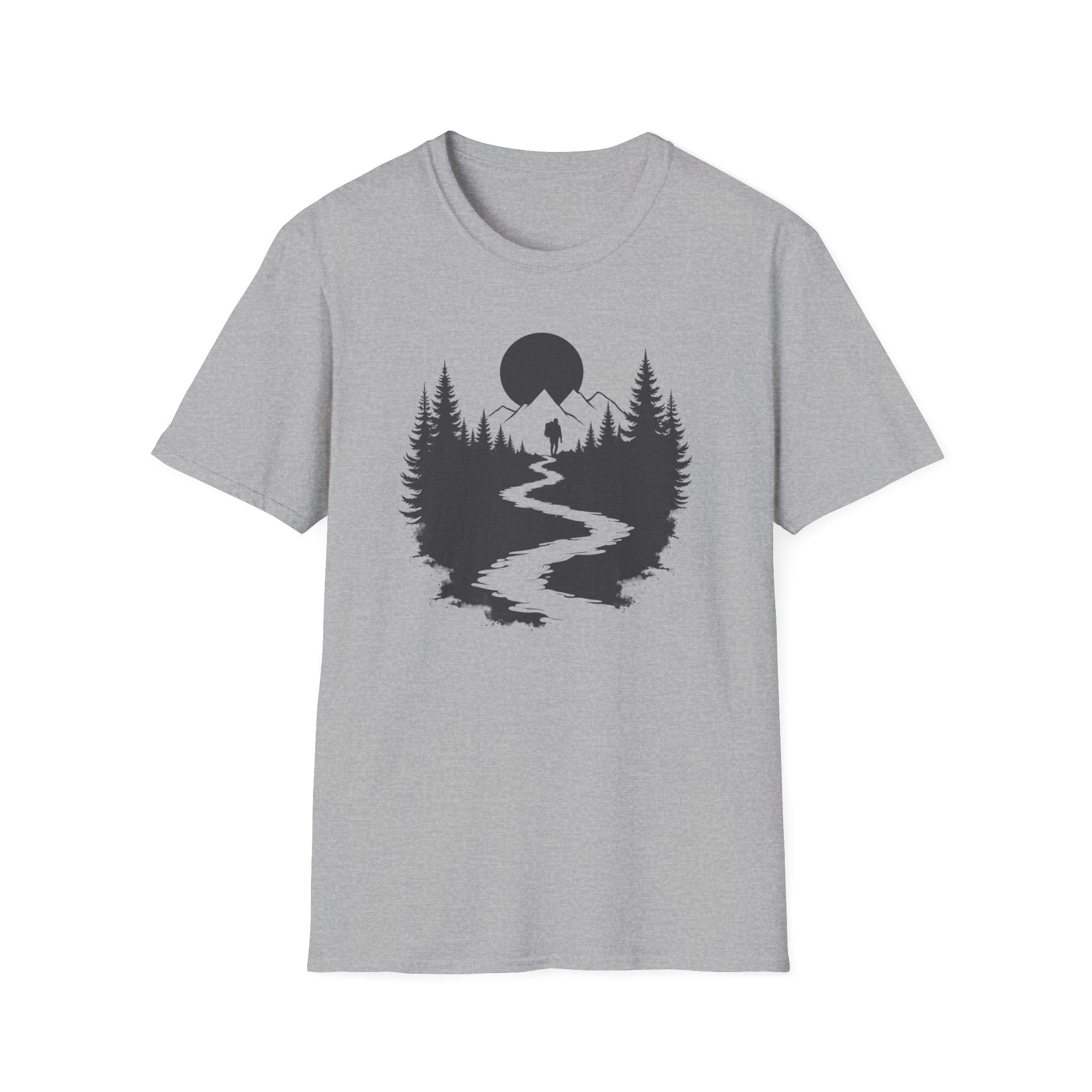 Mountain River Silhouette T-Shirt Monochrome | Forest Hiking Nature Tee