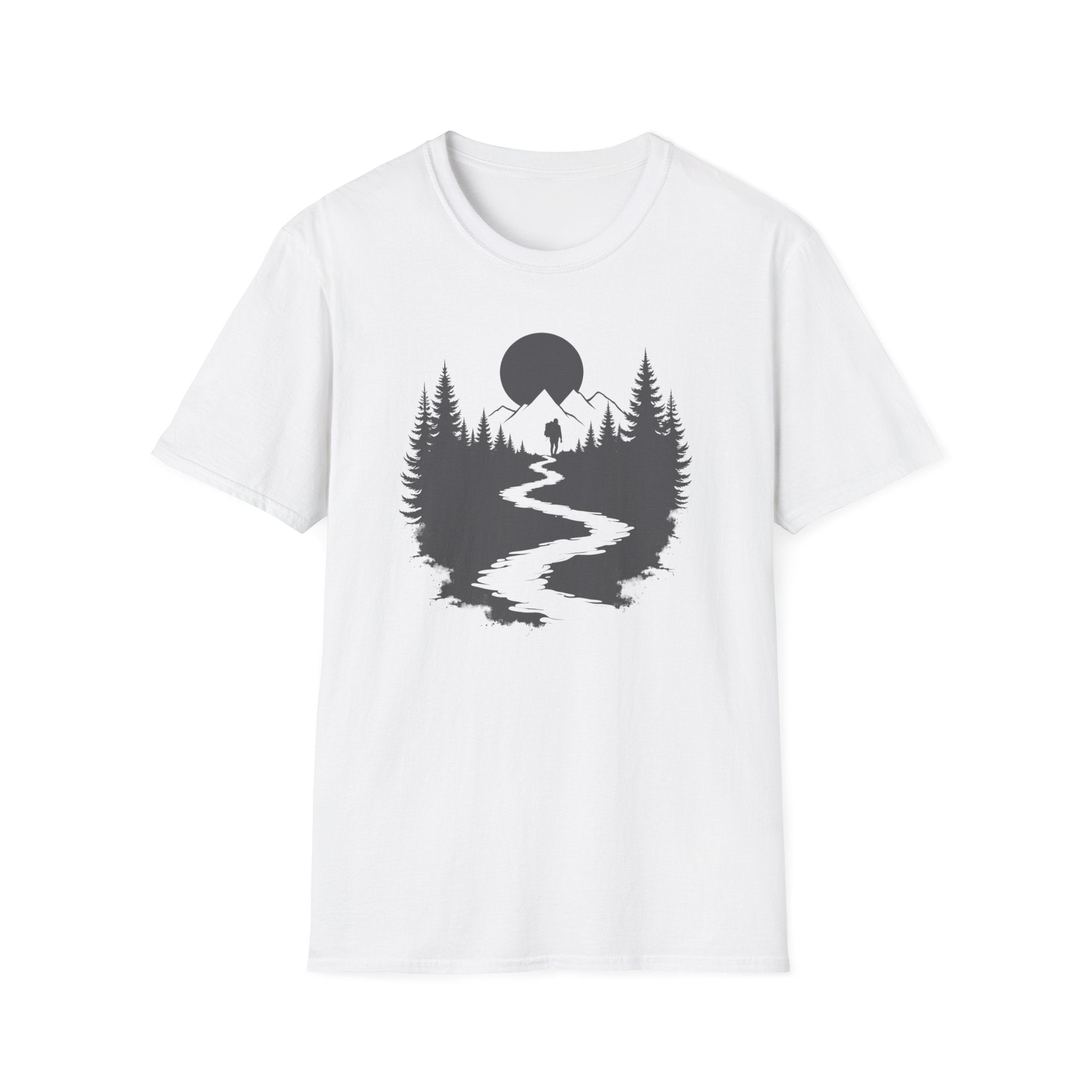 Mountain River Silhouette T-Shirt Monochrome | Forest Hiking Nature Tee