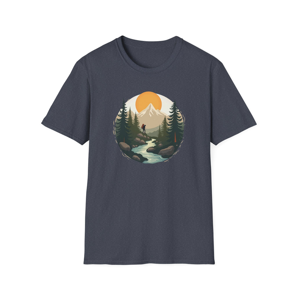 Mountain Sunset Hiker T-Shirt | Scenic Forest River Graphic