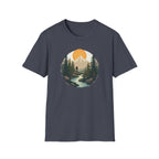Mountain Sunset Hiker T-Shirt | Scenic Forest River Graphic