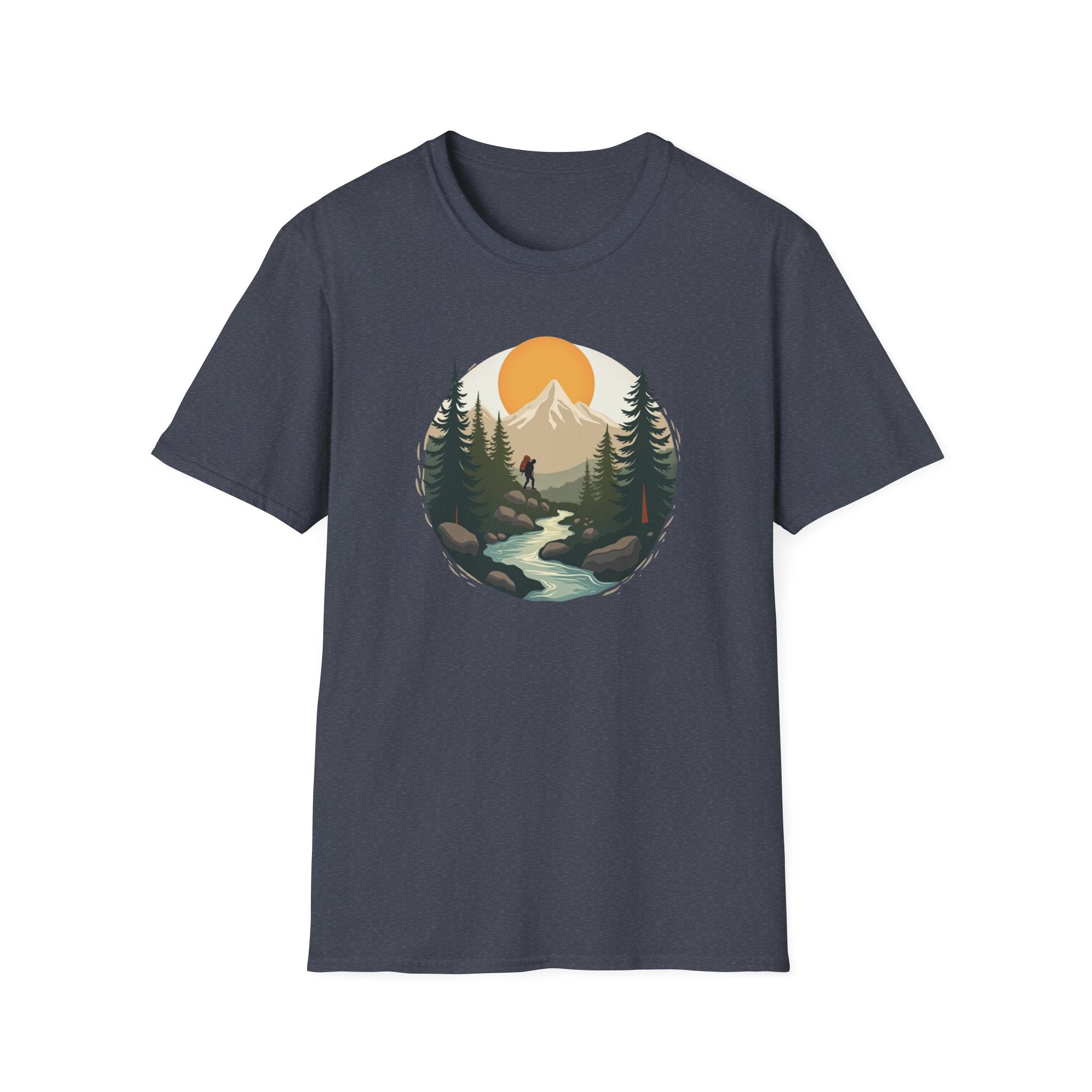 Mountain Sunset Hiker T-Shirt | Scenic Forest River Graphic