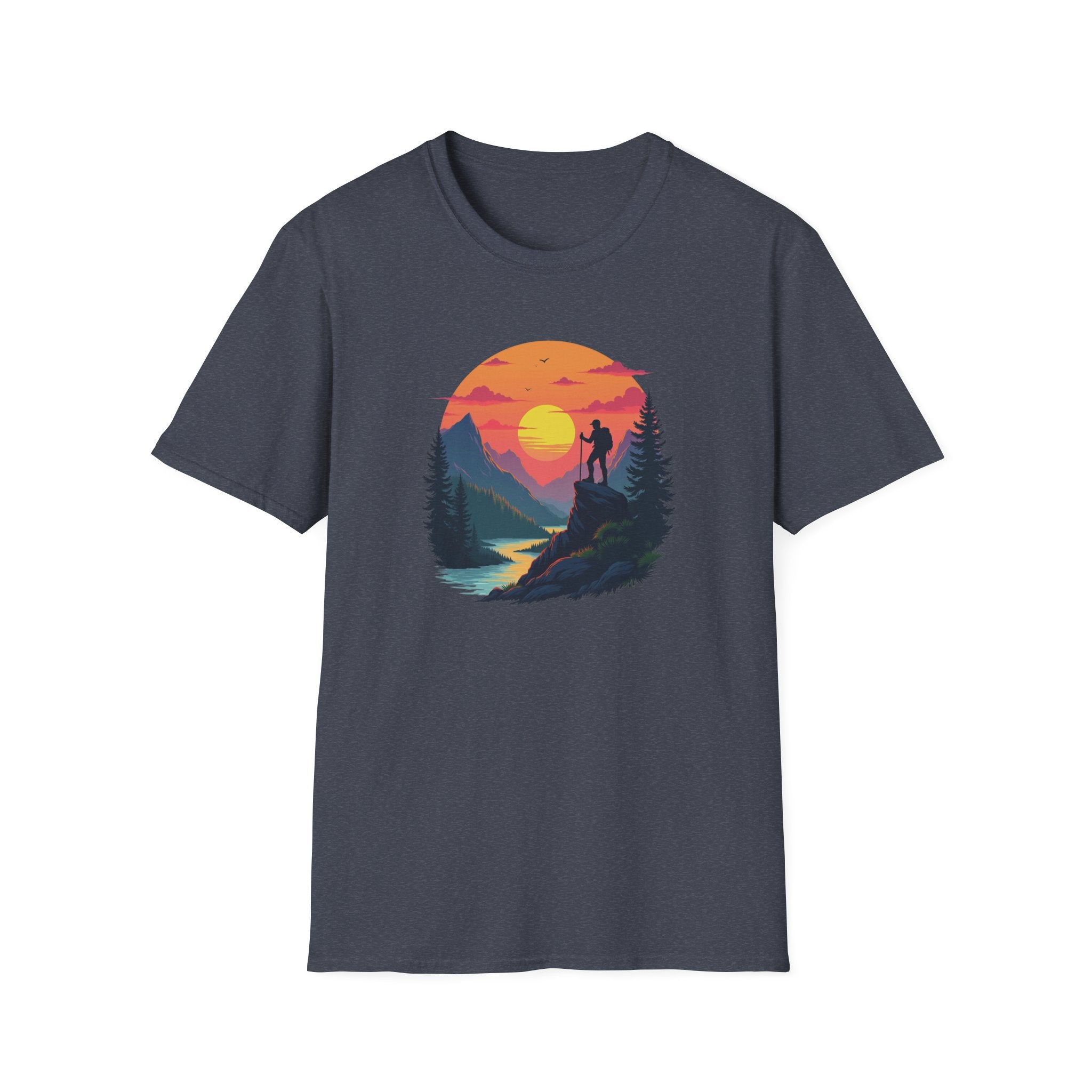 Sunset Mountain Hike T-Shirt | Hiker Silhouette, Scenic River