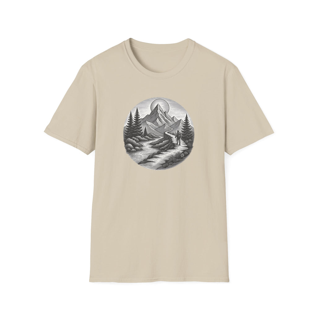 Mountain Landscape T-Shirt | Hand-Drawn River Pines