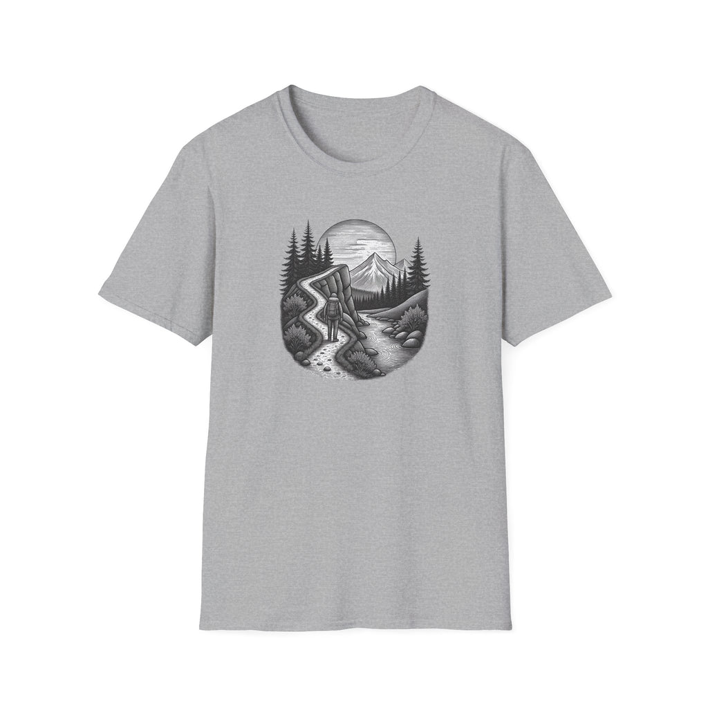 Mountain Road Etched Illustration T-Shirt | Scenic Forest Landscape