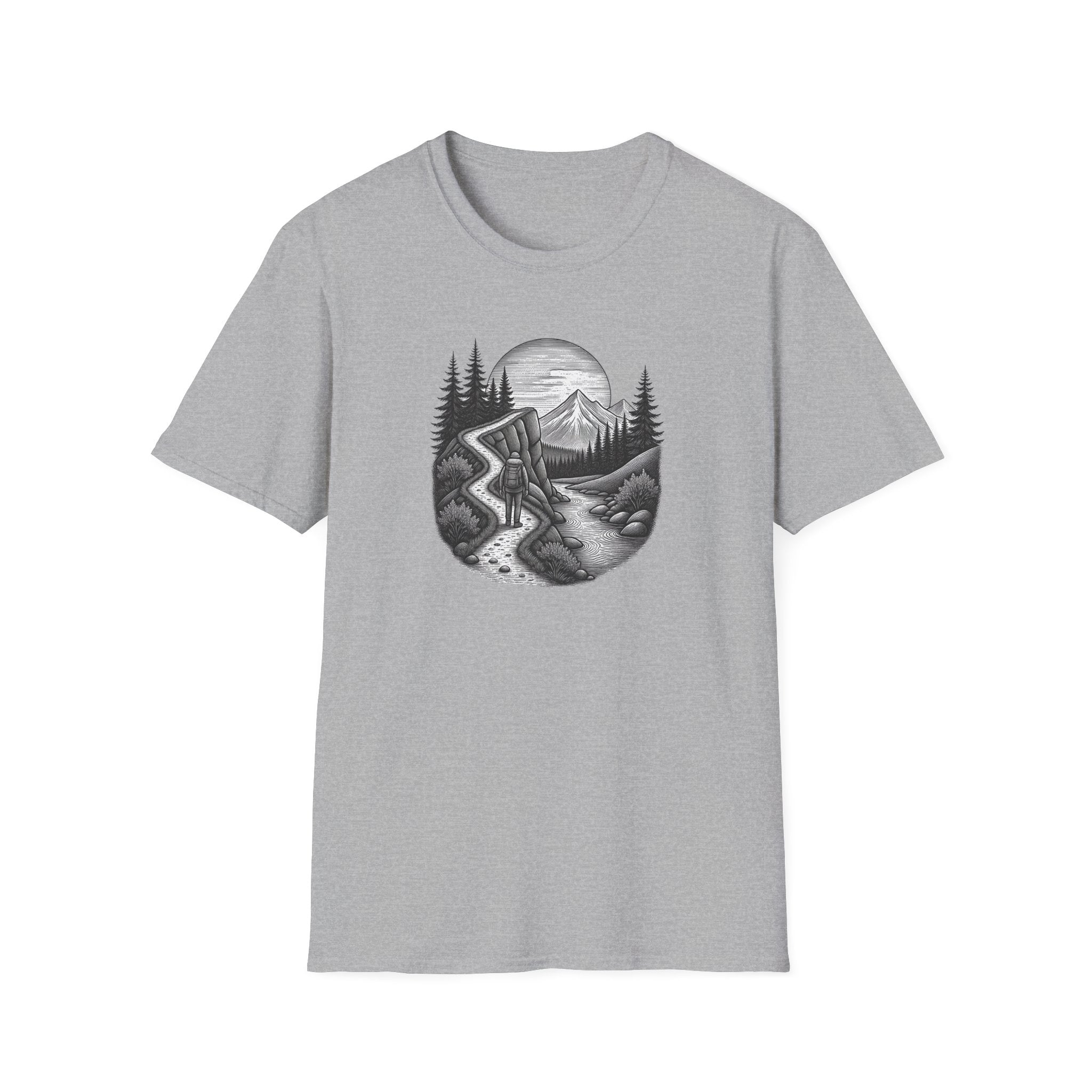 Mountain Road Etched Illustration T-Shirt | Scenic Forest Landscape