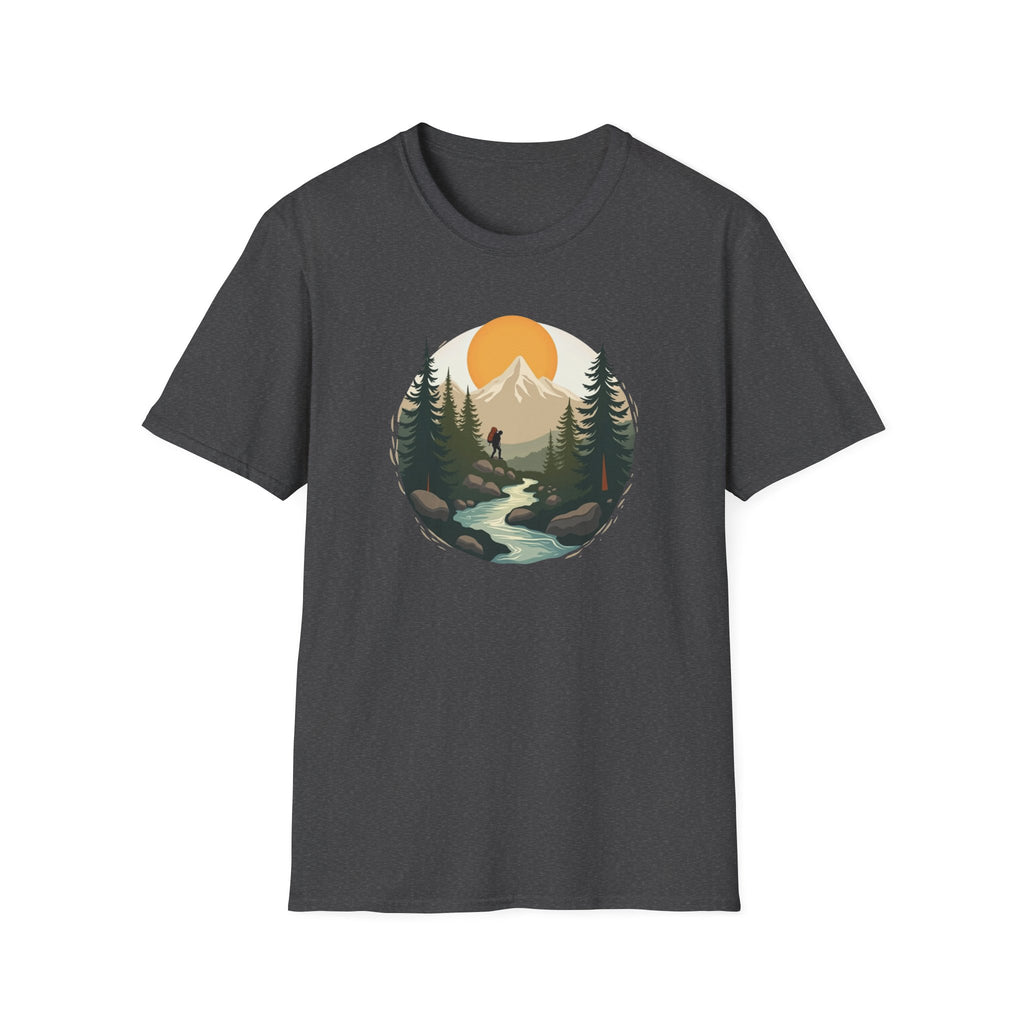 Mountain Sunset Hiker T-Shirt | Scenic Forest River Graphic