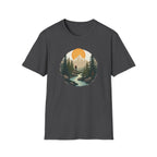 Mountain Sunset Hiker T-Shirt | Scenic Forest River Graphic