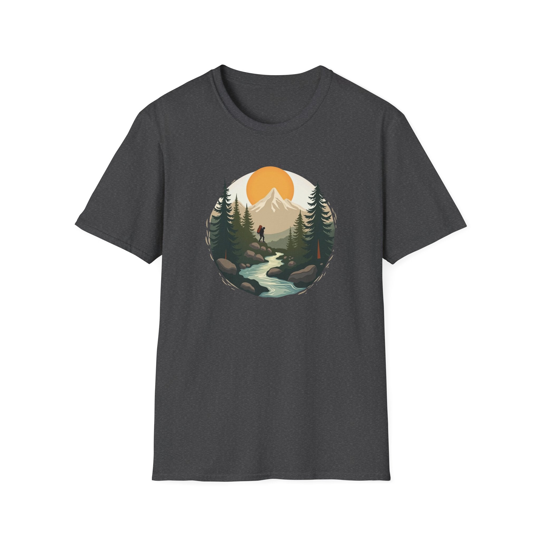 Mountain Sunset Hiker T-Shirt | Scenic Forest River Graphic