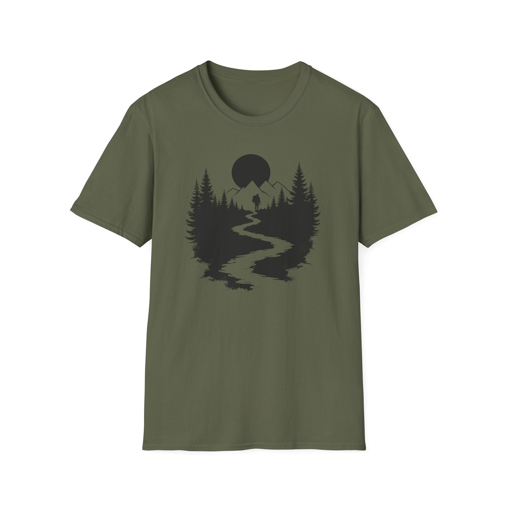 Mountain River Silhouette T-Shirt Monochrome | Forest Hiking Nature Tee