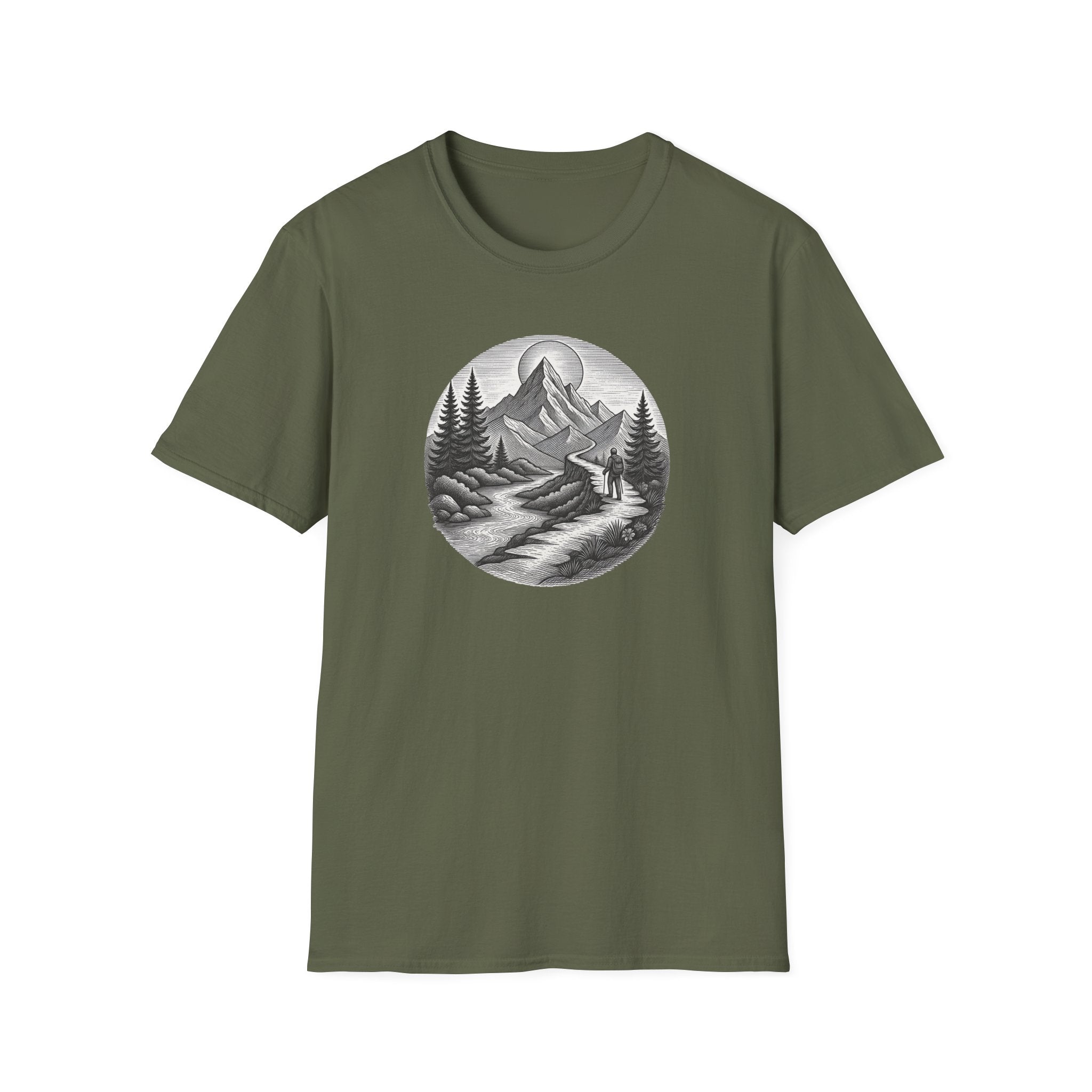 Mountain Landscape T-Shirt | Hand-Drawn River Pines