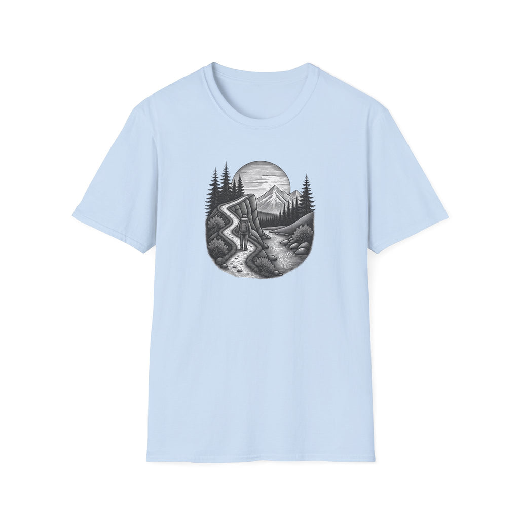 Mountain Road Etched Illustration T-Shirt | Scenic Forest Landscape