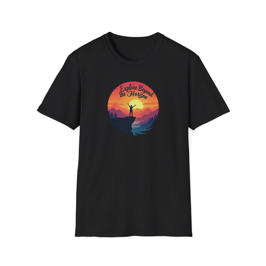 Explore Beyond the Horizon T-Shirt | Mountain Sunset Hiker Design