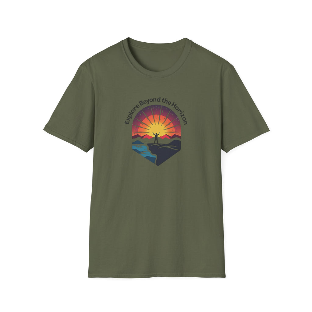 Explore Beyond the Horizon T-Shirt | Sunset Adventure Graphic